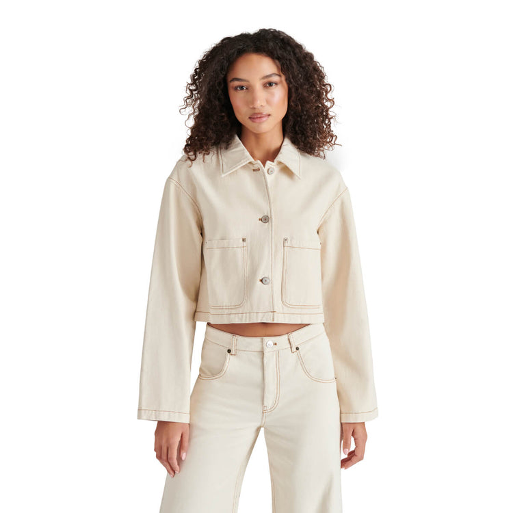 Steve Madden Myrtha Denim Crop Chore Jacket oatmeal front | MILK MONEY milkmoney.co | cute jackets for women. cute coats. cool jackets for women. stylish jackets for women. trendy jackets for women. trendy womens coats.
