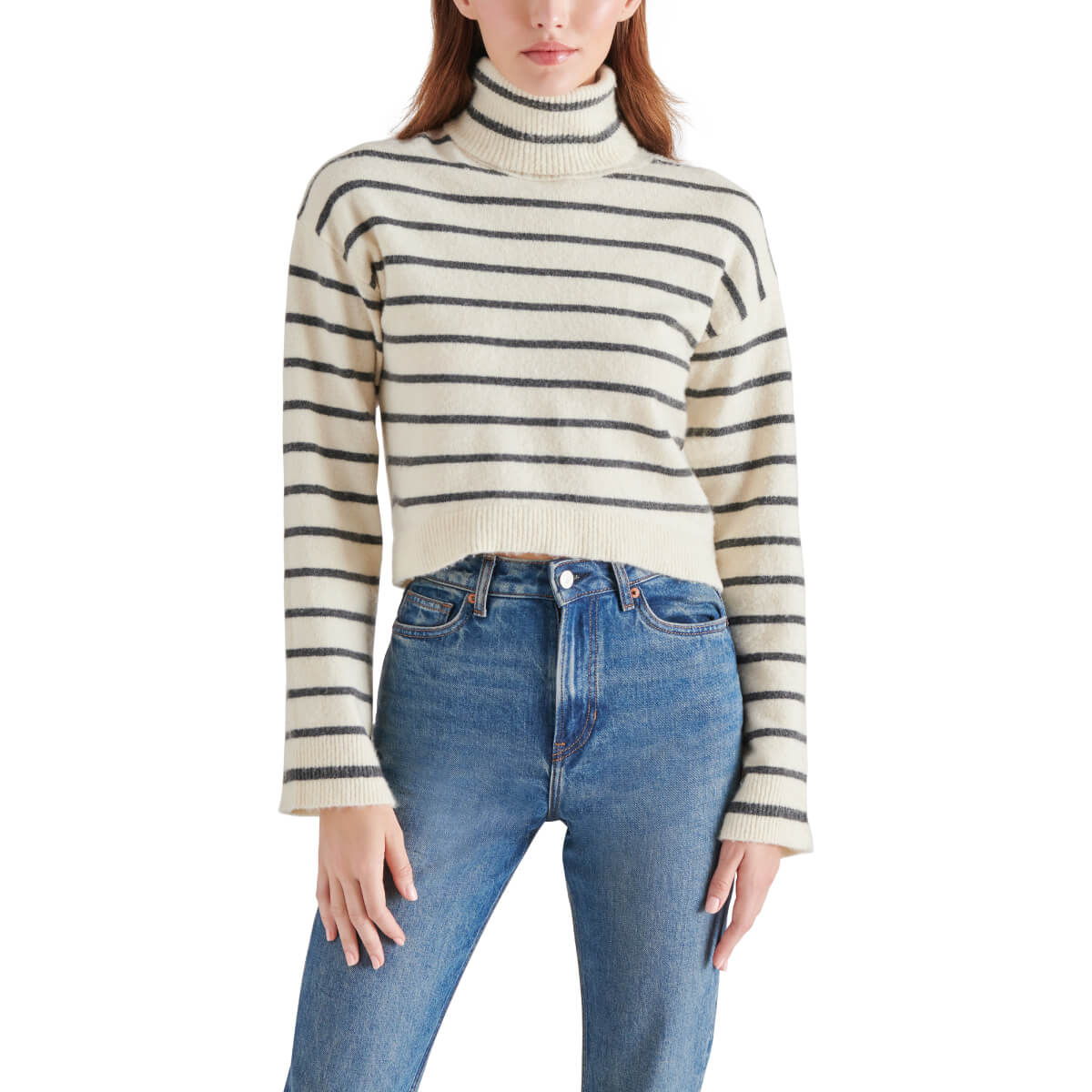 Steve Madden Narsha Striped Turtleneck Long Sleeve Sweater white front | MILK MONEY milkmoney.co | cute sweaters for women, cute knit sweaters, cute pullover sweaters
