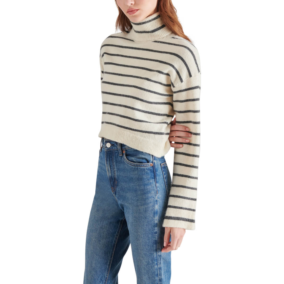 Steve Madden Narsha Striped Turtleneck Long Sleeve Sweater white front | MILK MONEY milkmoney.co | cute sweaters for women, cute knit sweaters, cute pullover sweaters
