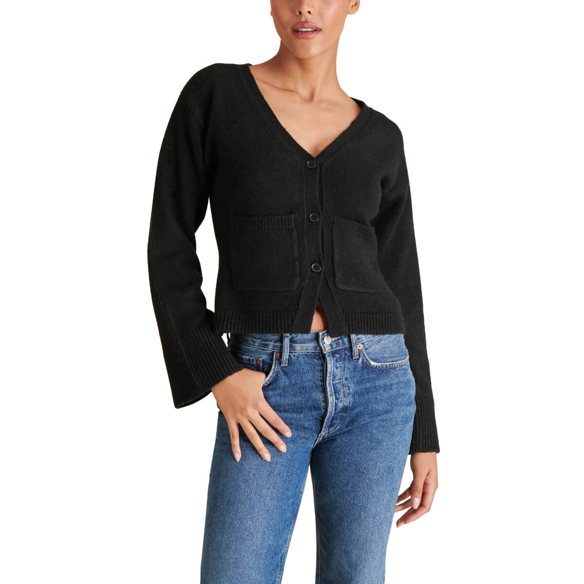 Steve Madden Odelia Knit Cardigan black front | MILK MONEY milkmoney.co | cute tops for women. trendy tops for women. cute blouses for women. stylish tops for women. pretty womens tops. 
