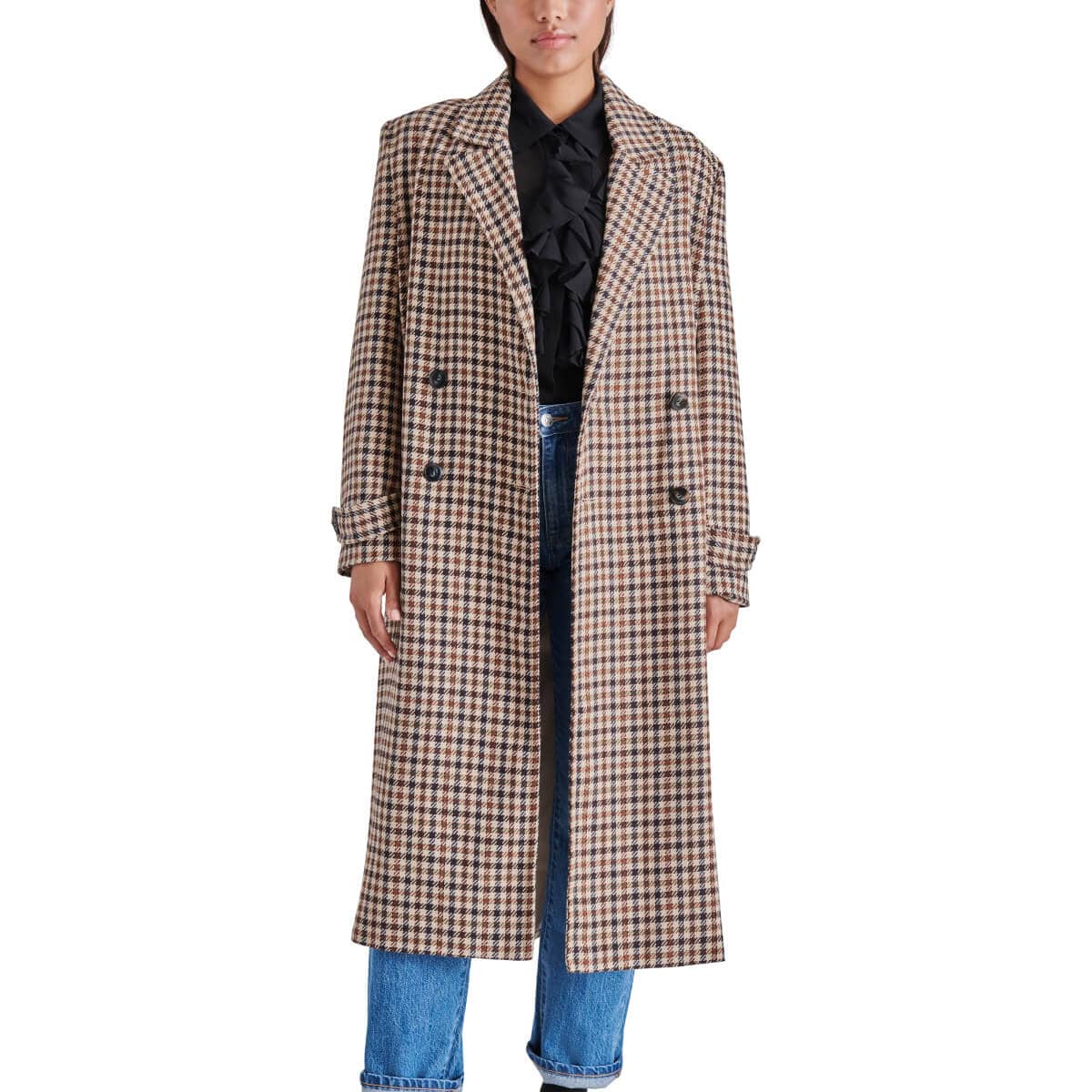 Steve Madden Prince Double Breasted Long Coat brown plaid front | MILK MONEY milkmoney.co | cute jackets for women, cute coats. cool jackets for women, stylish jackets for women, trendy jackets for women, trendy womens coats.