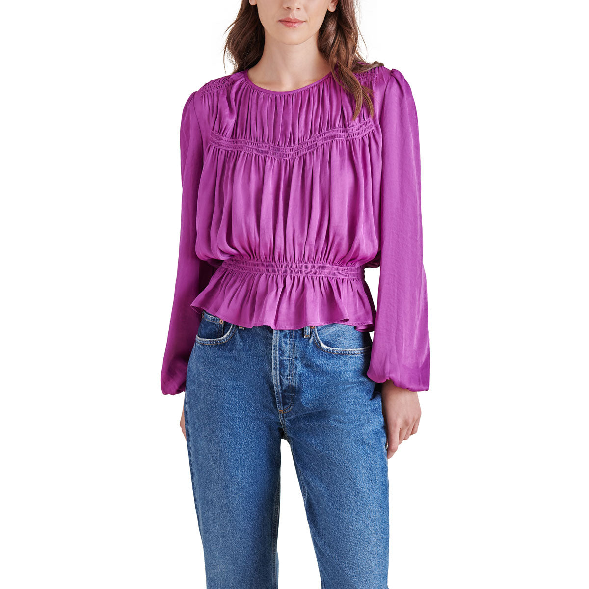 Steve Madden Pyper Ruffle Hem Blouse purple front | MILK MONEY milkmoney.co | cute tops for women. trendy tops for women. cute blouses for women. stylish tops for women. pretty womens tops.