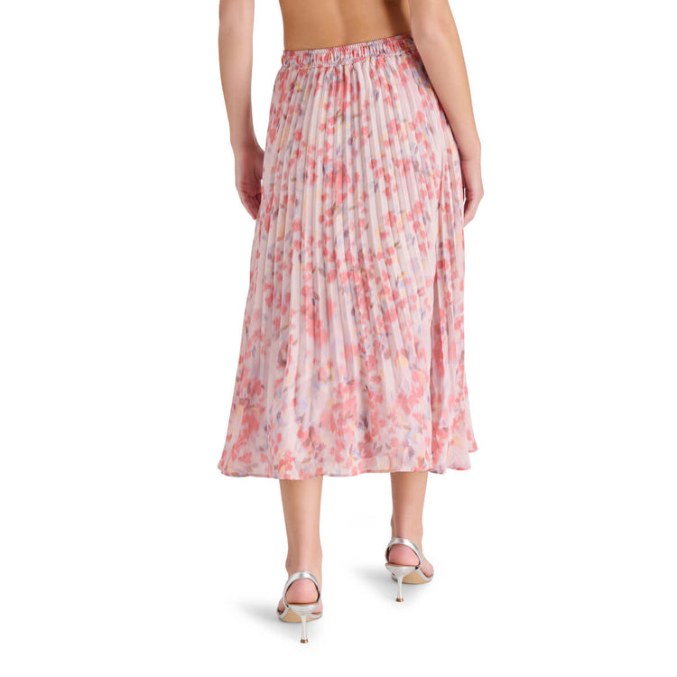 Steve Madden Raina Floral Pleated Midi Skirt pink back | MILK MONEY milkmoney.co | cute clothes for women. womens online clothing. trendy online clothing stores. womens casual clothing online. trendy clothes online. trendy women's clothing online. ladies online clothing stores. trendy women's clothing stores. cute female clothes.
