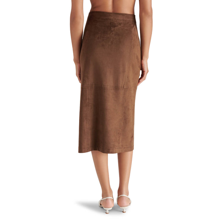 Steve Madden Riya Faux Suede Midi Skirt brown back | MILK MONEY milkmoney.co | cute clothes for women. womens online clothing. trendy online clothing stores. womens casual clothing online. trendy clothes online. trendy women's clothing online. ladies online clothing stores. trendy women's clothing stores. cute female clothes.
