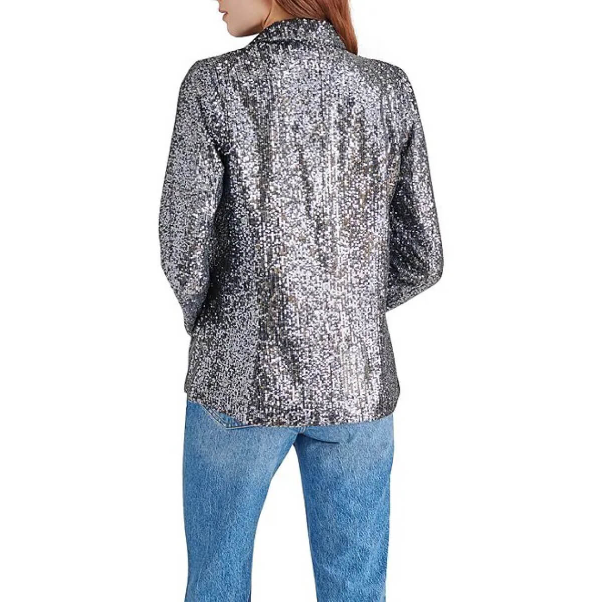 Steve Madden Sequin Payton Blazer silver back | MILK MONEY milkmoney.co | cute jackets for women. cute coats. cool jackets for women. stylish jackets for women. trendy jackets for women. trendy womens coats.
