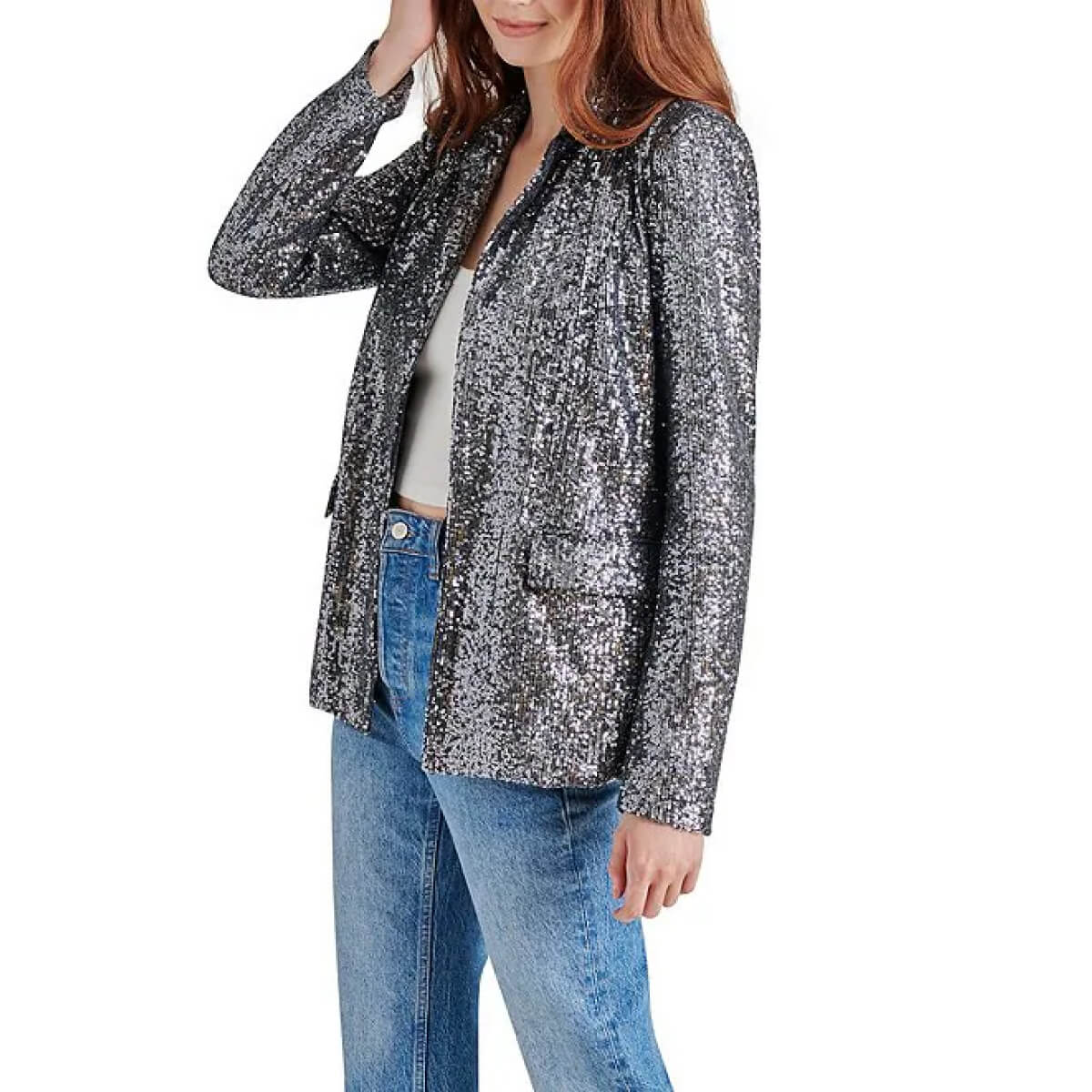 Steve Madden Sequin Payton Blazer silver side | MILK MONEY milkmoney.co | cute jackets for women. cute coats. cool jackets for women. stylish jackets for women. trendy jackets for women. trendy womens coats.
