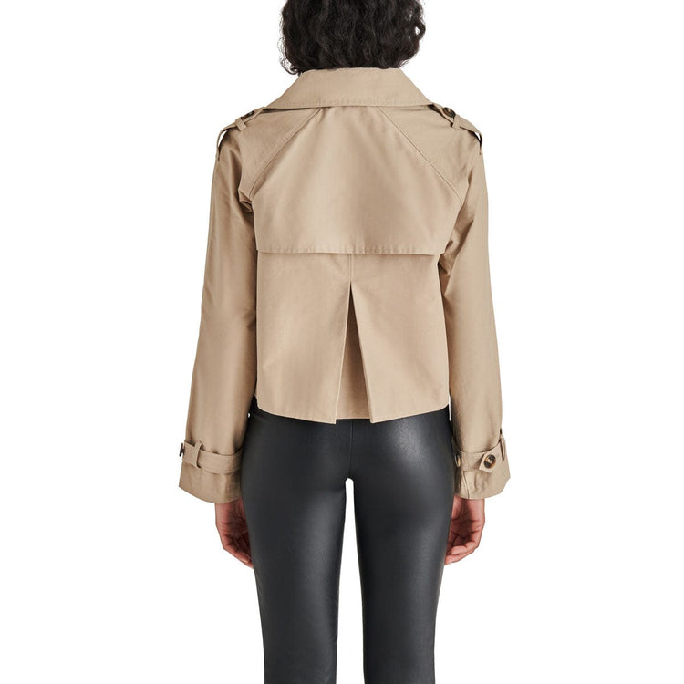 Steve Madden Sirus Cropped Double-Breasted Trench Jacket khaki back | MILK MONEY milkmoney.co | cute jackets for women, cute coats. cool jackets for women, stylish jackets for women, trendy jackets for women, trendy womens coats.