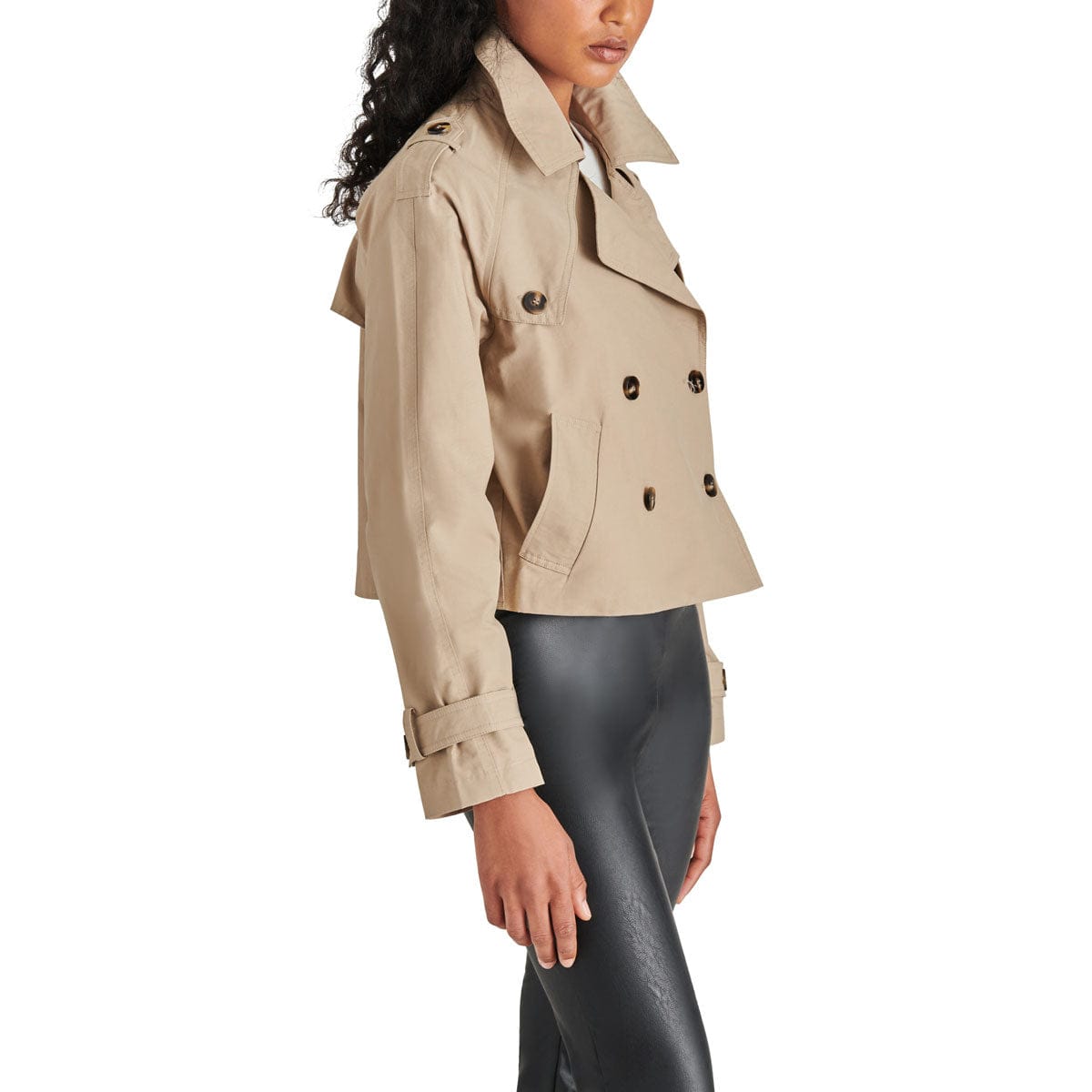 Steve Madden Sirus Cropped Double-Breasted Trench Jacket khaki side | MILK MONEY milkmoney.co | cute jackets for women, cute coats. cool jackets for women, stylish jackets for women, trendy jackets for women, trendy womens coats.
