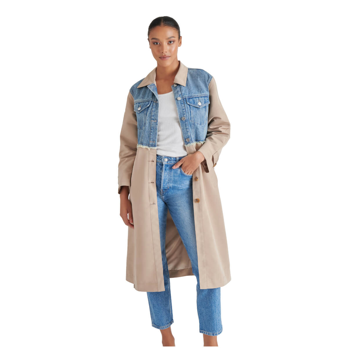 Steve Madden Soraya Mixed Media Coat front brown | MILK MONEY milkmoney.co | cute jackets for women. cute coats. cool jackets for women. stylish jackets for women. trendy jackets for women. trendy womens coats.
