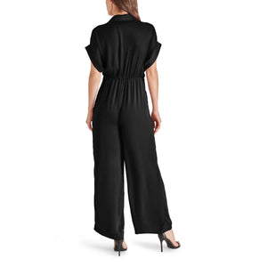 Steve Madden Tori Tie Waist Wide Leg Satin Jumpsuit black back | MILK MONEY milkmoney.co | cute clothes for women. womens online clothing. trendy online clothing stores. womens casual clothing online. trendy clothes online. trendy women's clothing online. ladies online clothing stores. trendy women's clothing stores. cute female clothes.