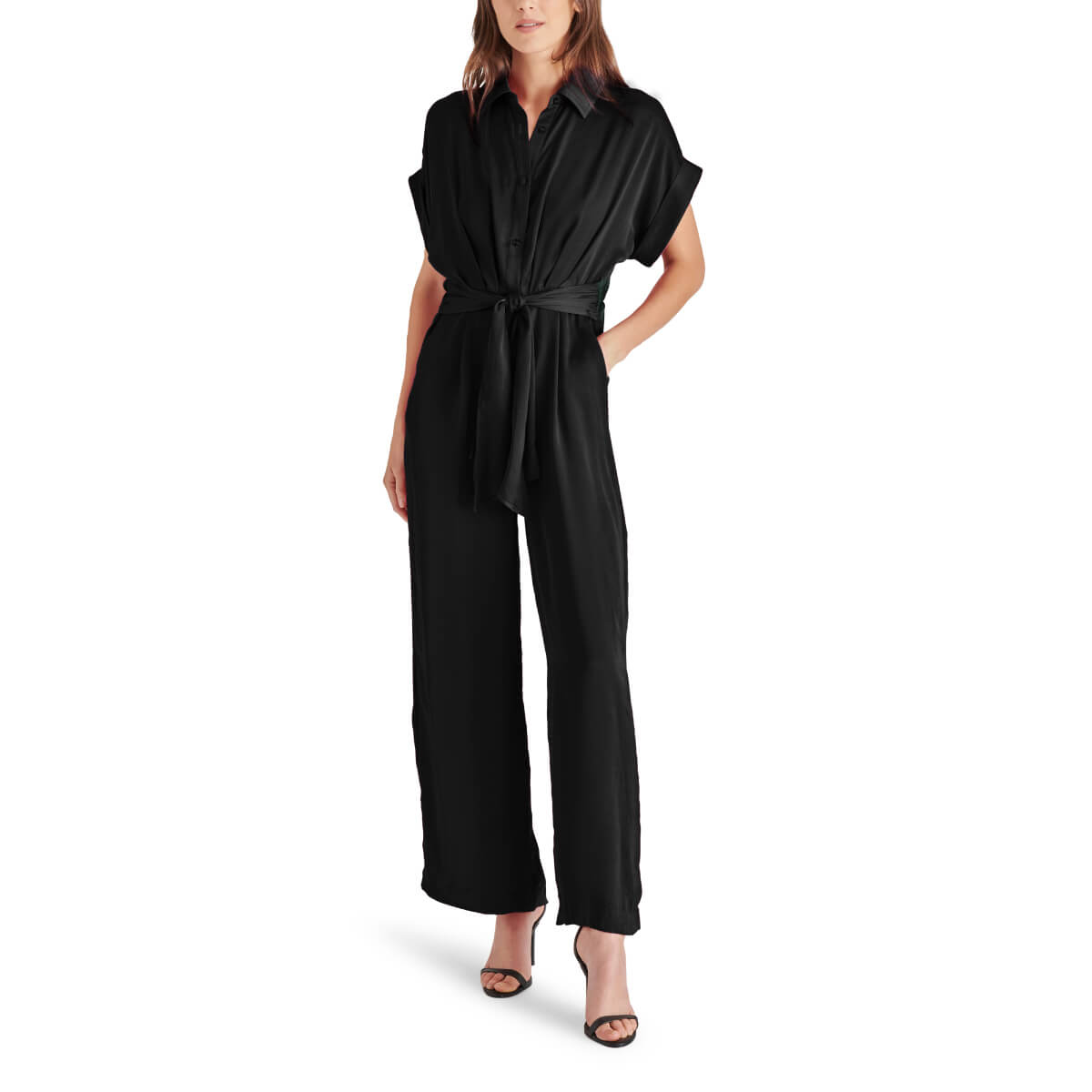 Steve Madden Tori Tie Waist Wide Leg Satin Jumpsuit black front | MILK MONEY milkmoney.co | cute clothes for women. womens online clothing. trendy online clothing stores. womens casual clothing online. trendy clothes online. trendy women's clothing online. ladies online clothing stores. trendy women's clothing stores. cute female clothes.