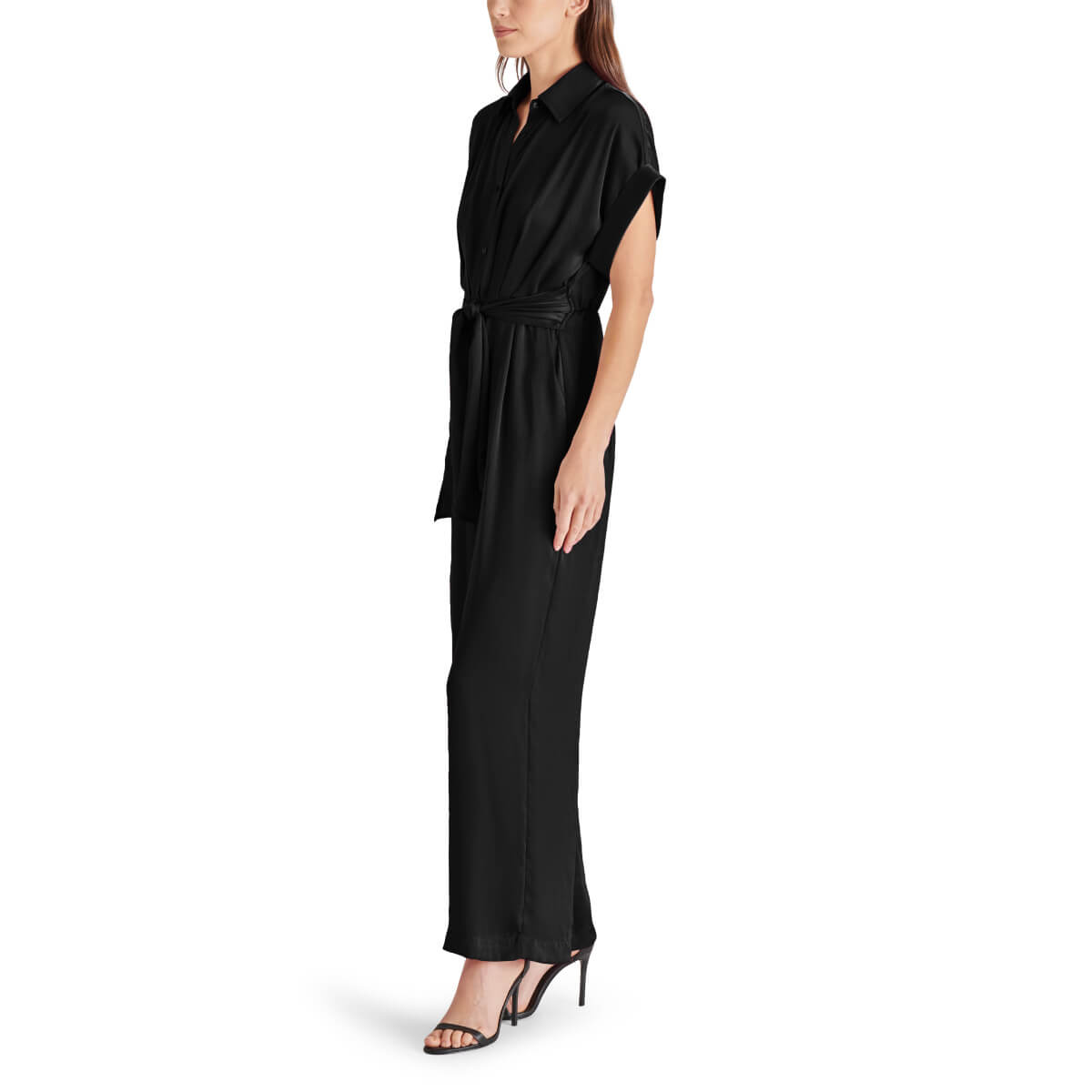 Steve Madden Tori Tie Waist Wide Leg Satin Jumpsuit black side | MILK MONEY milkmoney.co | cute clothes for women. womens online clothing. trendy online clothing stores. womens casual clothing online. trendy clothes online. trendy women's clothing online. ladies online clothing stores. trendy women's clothing stores. cute female clothes.