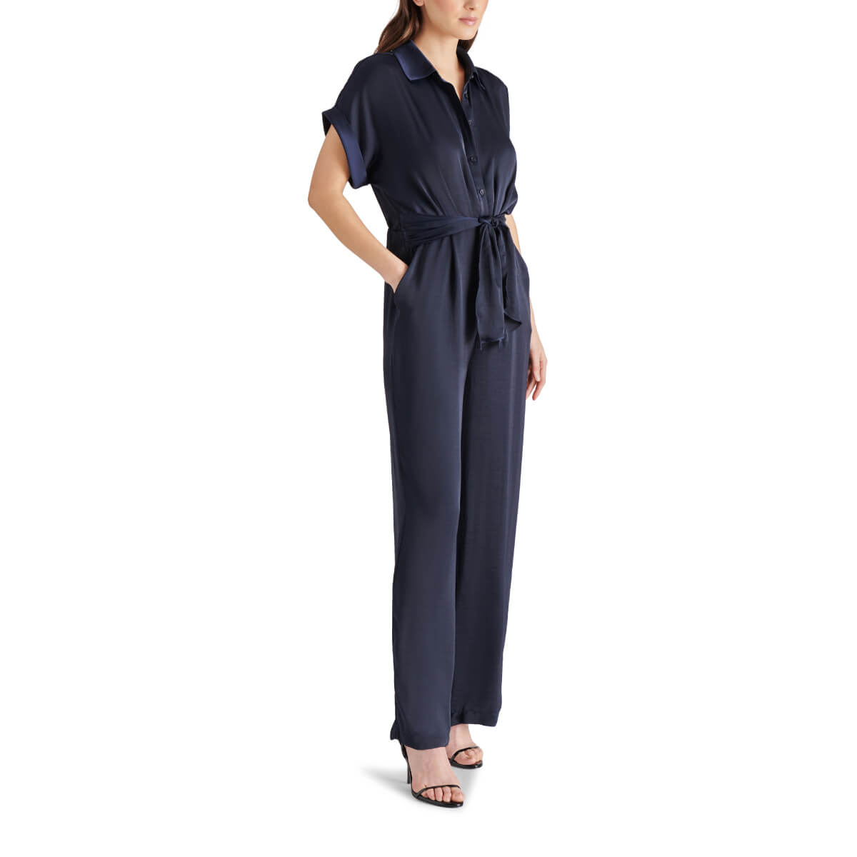 Steve Madden Tori Tie Waist Wide Leg Satin Jumpsuit navy side | MILK MONEY milkmoney.co | cute clothes for women. womens online clothing. trendy online clothing stores. womens casual clothing online. trendy clothes online. trendy women's clothing online. ladies online clothing stores. trendy women's clothing stores. cute female clothes.