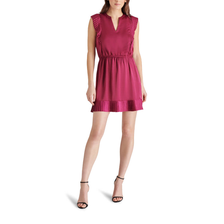 Steve Madden Verona Pleated Cap Sleeve Minidress forest berry front | MILK MONEY milkmoney.co | cute clothes for women. womens online clothing. trendy online clothing stores. womens casual clothing online. trendy clothes online. trendy women's clothing online. ladies online clothing stores. trendy women's clothing stores. cute female clothes.