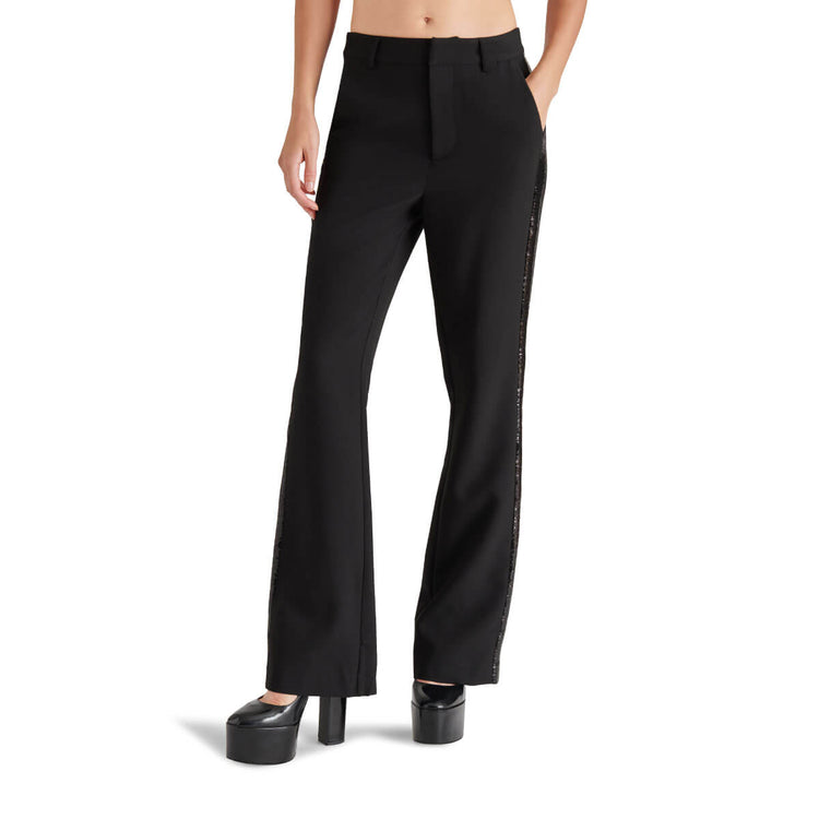 Steve Madden Waverly Mid Rise Kick-Flare Sequin Side Panel Pants black front | MILK MONEY milkmoney.co | cute pants for women. cute trendy pants.