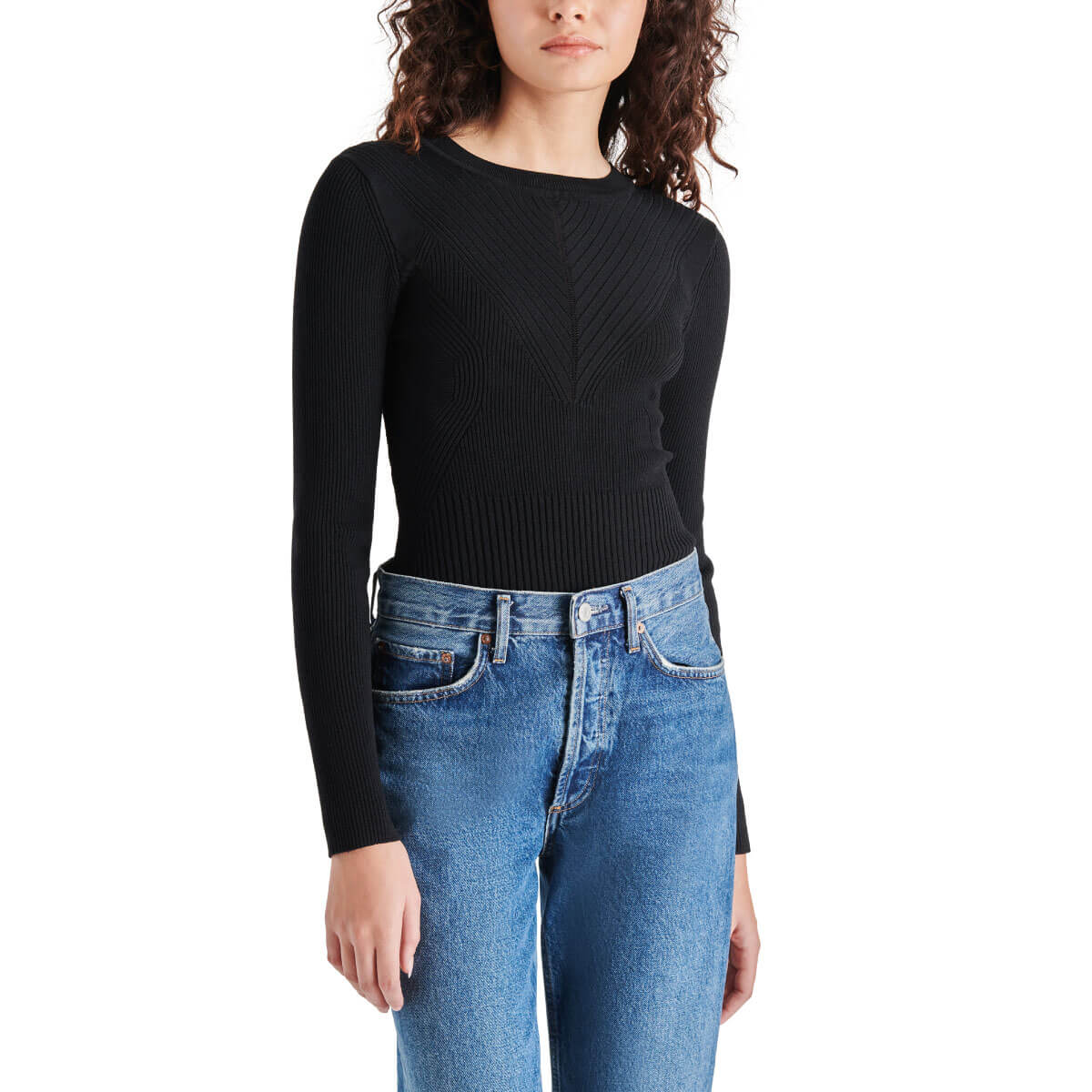 Steve Madden Xandra Rib Long Sleeve Bodysuit black front | MILK MONEY milkmoney.co | cute tops for women. trendy tops for women. cute blouses for women. stylish tops for women. pretty womens tops.