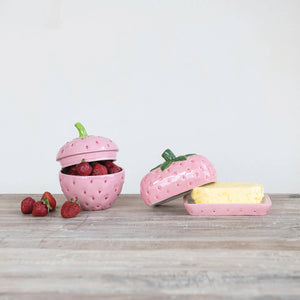 Strawberry Shaped Ceramic Butter Dish pink front | MILK MONEY milkmoney.co | 	Home decor online, Modern home decor, Luxury home furnishings, Best home decor, Home accessories for sale, Living room furniture sets, Kitchen decor ideas, Wall art for home, Bathroom accessories, Vintage home decor, Minimalist home decor
