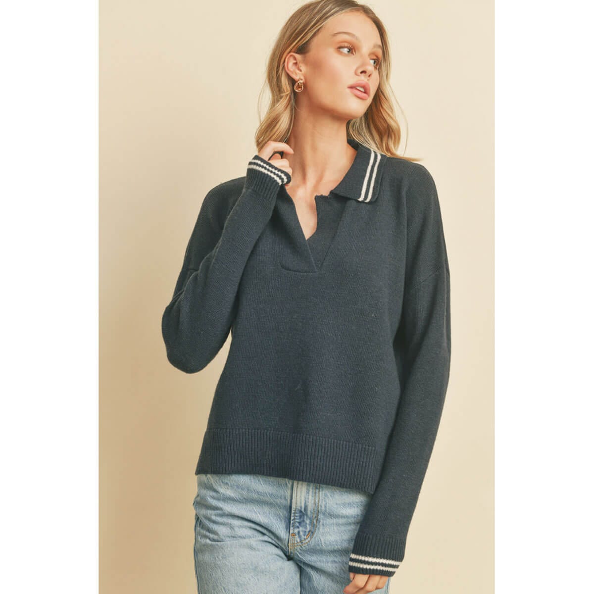 Stripe Polo Sweater navy front | MILK MONEY milkmoney.co | cute clothes for women. womens online clothing. trendy online clothing stores. womens casual clothing online. trendy clothes online. trendy women's clothing online. ladies online clothing stores. trendy women's clothing stores. cute female clothes.