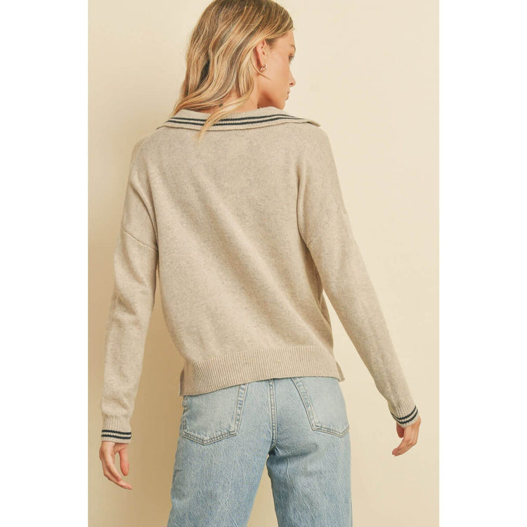 Stripe Polo Sweater taupe back | MILK MONEY milkmoney.co | cute clothes for women. womens online clothing. trendy online clothing stores. womens casual clothing online. trendy clothes online. trendy women's clothing online. ladies online clothing stores. trendy women's clothing stores. cute female clothes.