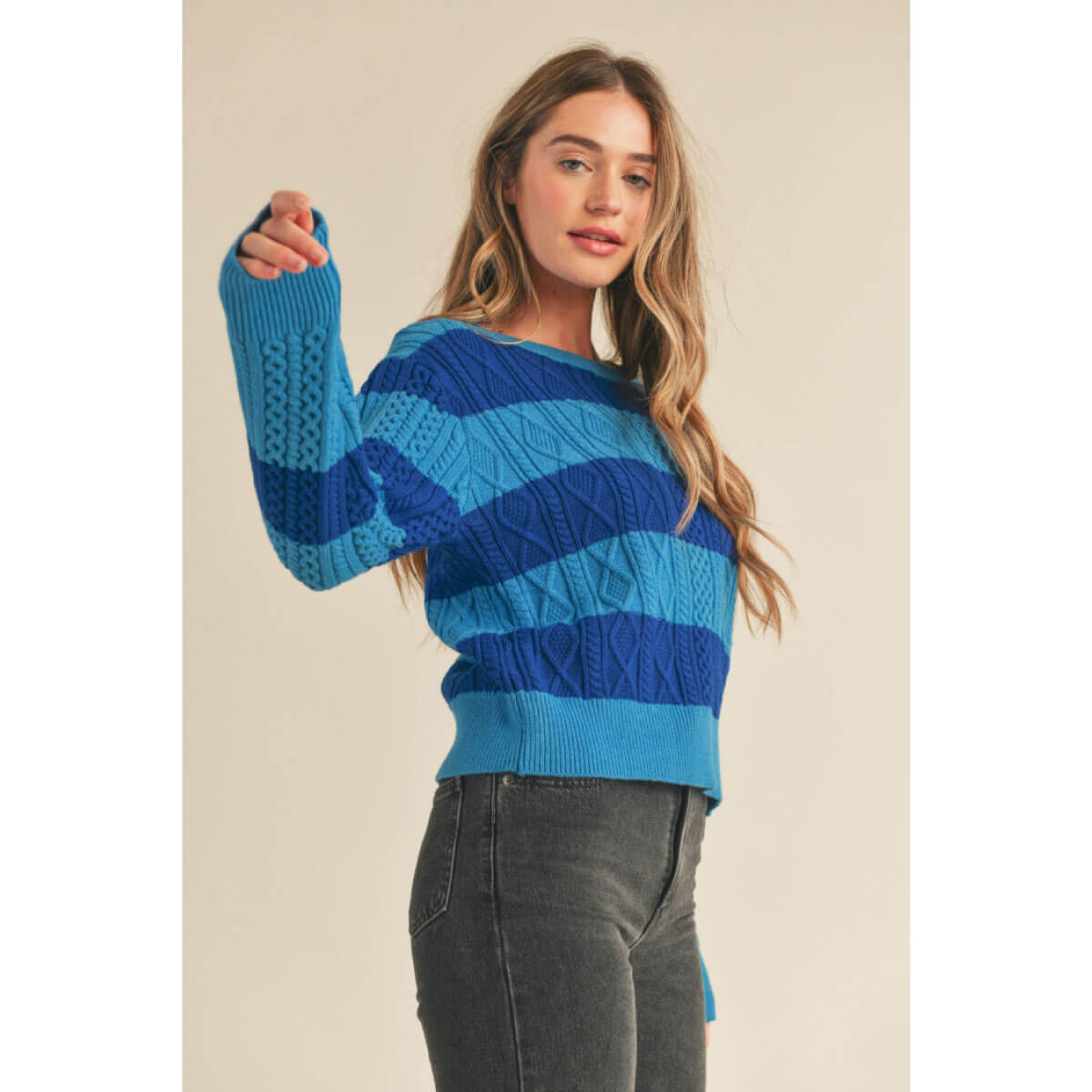 Striped Cable Knit Pullover Sweater blue side | MILK MONEY milkmoney.co | cute sweaters for women, cute knit sweaters, cute pullover sweaters