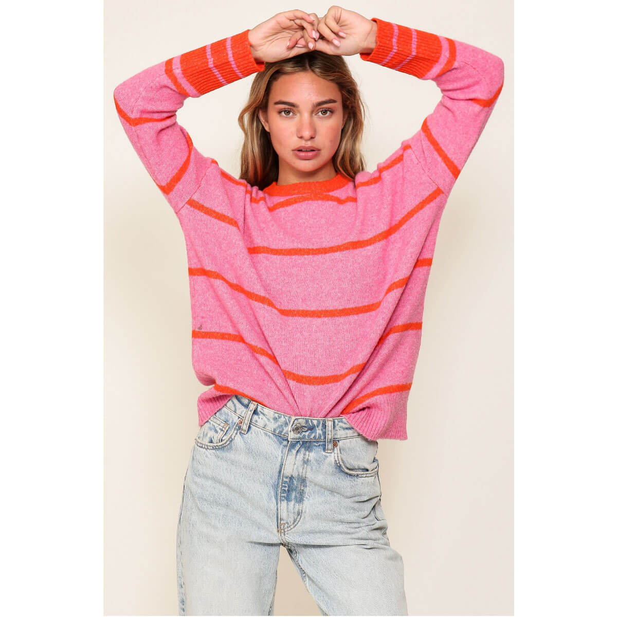 Striped Crew Neck Sweater pink front | MILK MONEY milkmoney.co | cute sweaters for women, cute knit sweaters, cute pullover sweaters