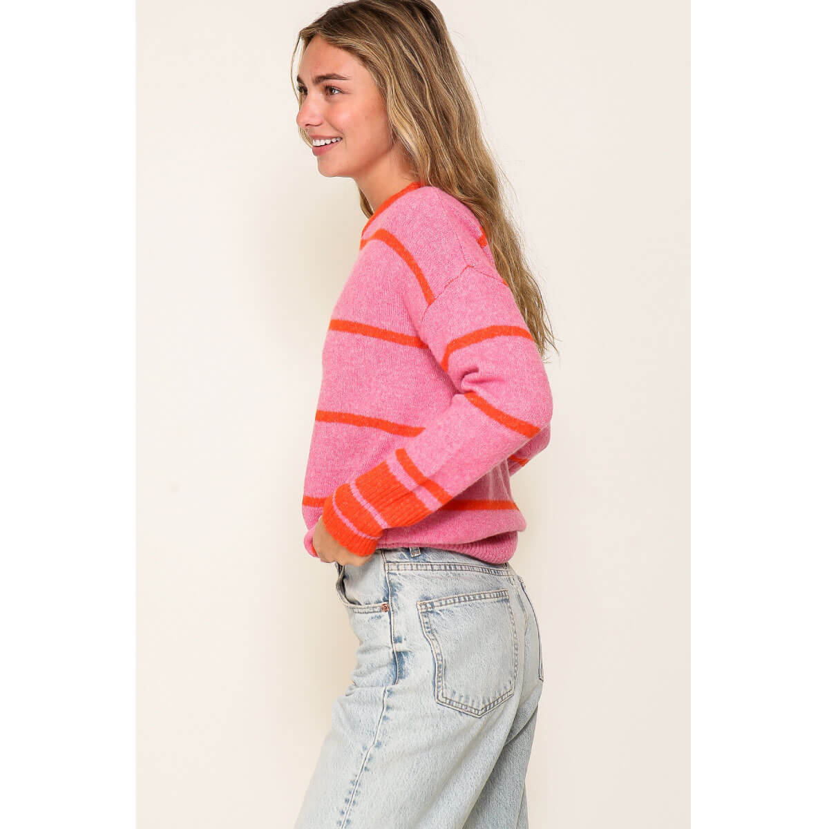 Striped Crew Neck Sweater pink side | MILK MONEY milkmoney.co | cute sweaters for women, cute knit sweaters, cute pullover sweaters