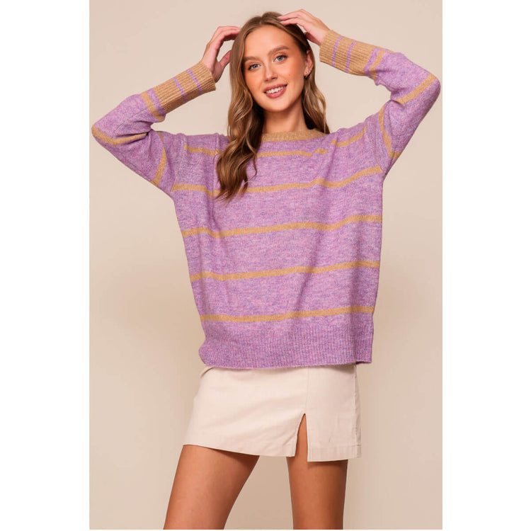 Striped Crew Neck Sweater purple front | MILK MONEY milkmoney.co | cute sweaters for women, cute knit sweaters, cute pullover sweaters