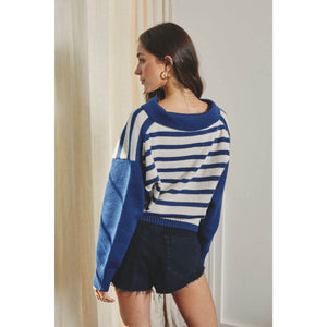 Striped Knit Collared Sweater blue back | MILK MONEY milkmoney.co | cute clothes for women. womens online clothing. trendy online clothing stores. womens casual clothing online. trendy clothes online. trendy women's clothing online. ladies online clothing stores. trendy women's clothing stores. cute female clothes.