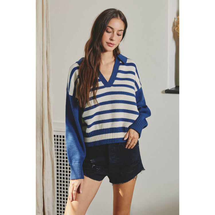 Striped Knit Collared Sweater blue front | MILK MONEY milkmoney.co | cute clothes for women. womens online clothing. trendy online clothing stores. womens casual clothing online. trendy clothes online. trendy women's clothing online. ladies online clothing stores. trendy women's clothing stores. cute female clothes.