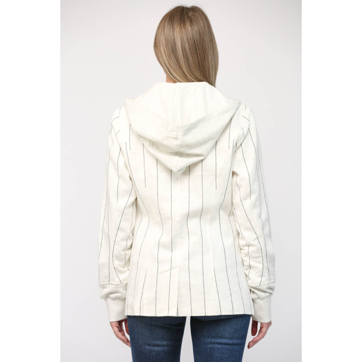 Striped Linen Hooded Blazer Jacket white back | MILK MONEY milkmoney.co | cute jackets for women. cute coats. cool jackets for women. stylish jackets for women. trendy jackets for women. trendy womens coats.