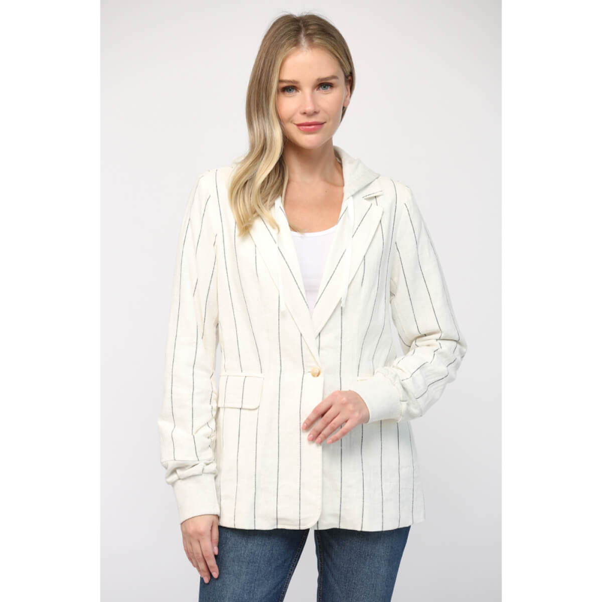 Striped Linen Hooded Blazer Jacket white front | MILK MONEY milkmoney.co | cute jackets for women. cute coats. cool jackets for women. stylish jackets for women. trendy jackets for women. trendy womens coats.