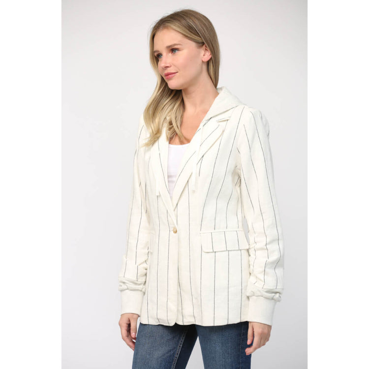 Striped Linen Hooded Blazer Jacket white side | MILK MONEY milkmoney.co | cute jackets for women. cute coats. cool jackets for women. stylish jackets for women. trendy jackets for women. trendy womens coats.