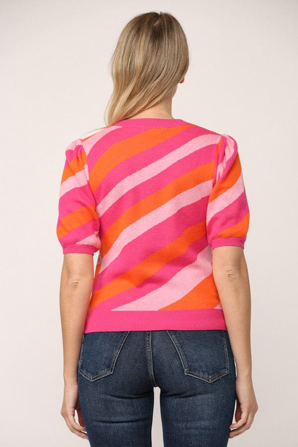 Striped Short Puff Sleeve Sweater pink back| MILK MONEY milkmoney.co | cute tops for women. trendy tops for women. cute blouses for women. stylish tops for women. pretty womens tops.