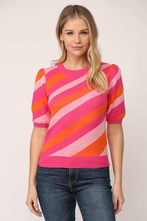 Striped Short Puff Sleeve Sweater pink front | MILK MONEY milkmoney.co | cute tops for women. trendy tops for women. cute blouses for women. stylish tops for women. pretty womens tops. 