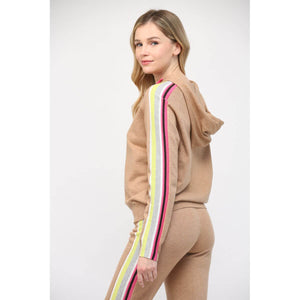 Striped Sleeve Hooded Sweater brown side | MILK MONEY milkmoney.co | cute tops for women. trendy tops for women. cute blouses for women. stylish tops for women. pretty womens tops.