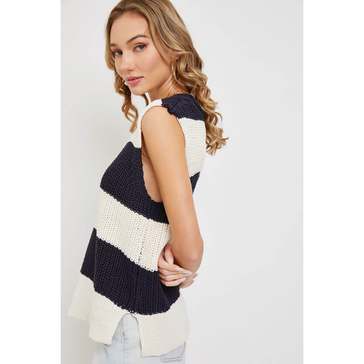 Striped V-Neck Knit Sweater Vest side | MILK MONEY milkmoney.co | cute clothes for women. womens online clothing. trendy online clothing stores. womens casual clothing online. trendy clothes online. trendy women's clothing online. ladies online clothing stores. trendy women's clothing stores. cute female clothes.