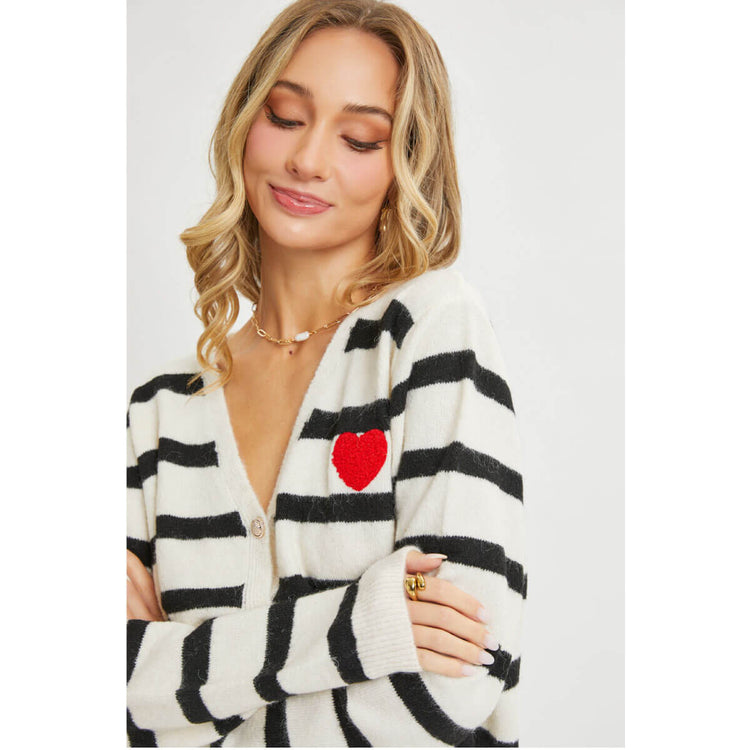 Stripped Cardigan Sweater with Heart Patch front | MILK MONEY milkmoney.co | cute clothes for women. womens online clothing. trendy online clothing stores. womens casual clothing online. trendy clothes online. trendy women's clothing online. ladies online clothing stores. trendy women's clothing stores. cute female clothes.