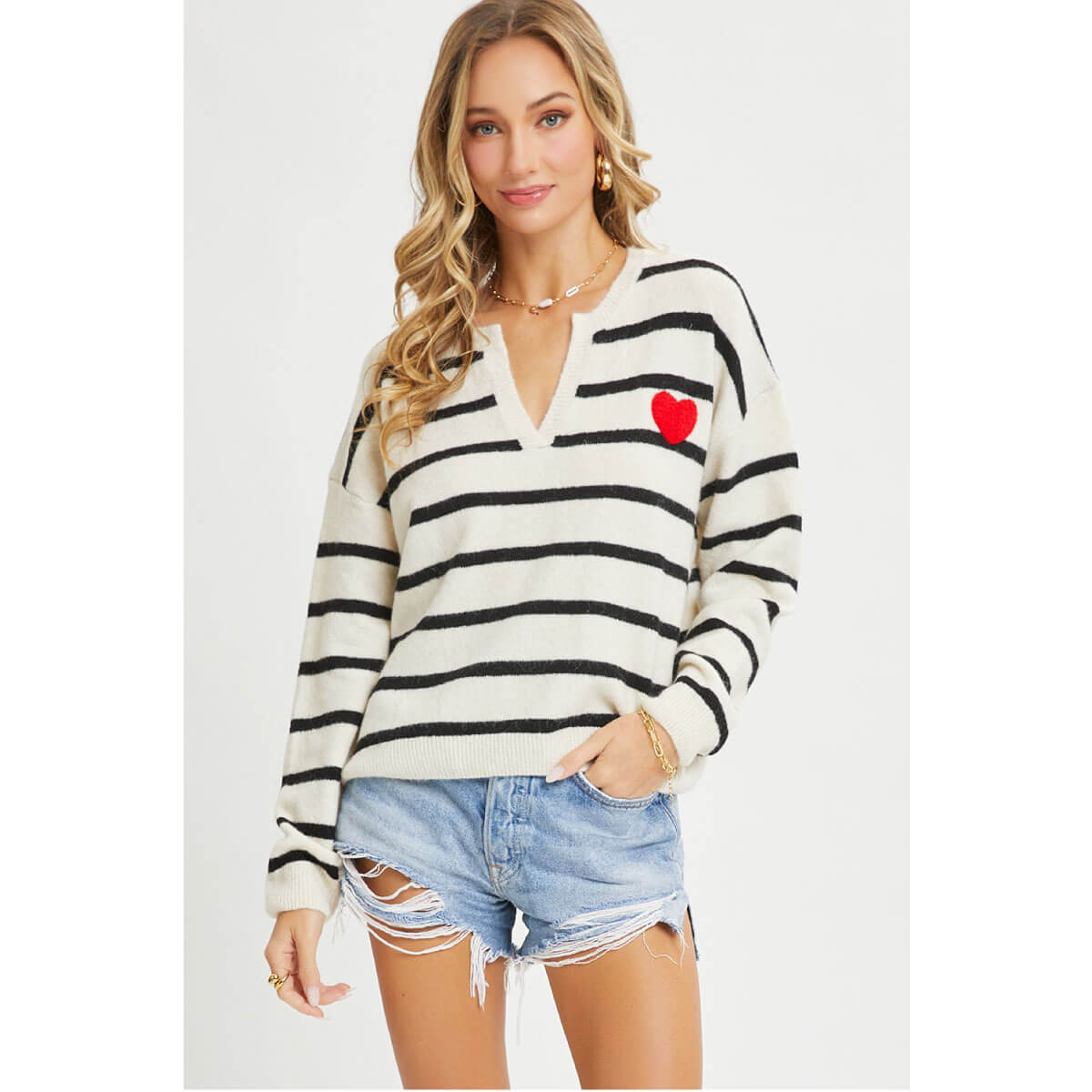 Striped V-Neck Sweater with Heart Patch