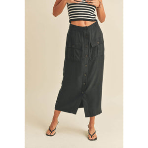 Suede Button-down Cargo Skirt black front | MILK MONEY milkmoney.co | cute clothes for women. womens online clothing. trendy online clothing stores. womens casual clothing online. trendy clothes online. trendy women's clothing online. ladies online clothing stores. trendy women's clothing stores. cute female clothes.