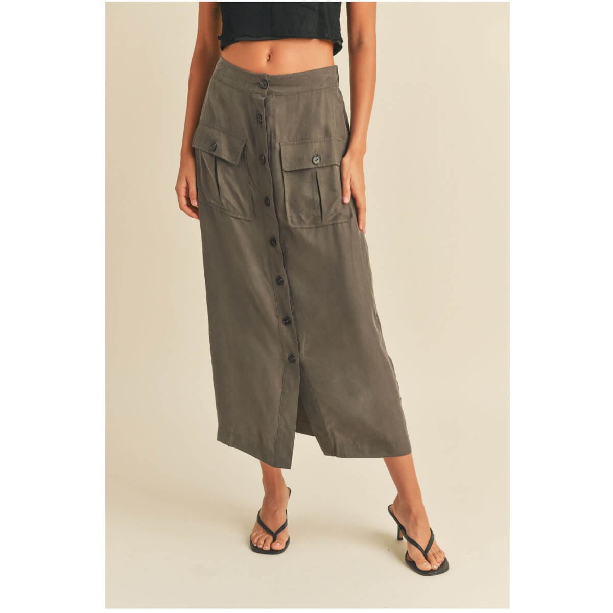 Suede Button-down Cargo Skirt  olive front | MILK MONEY milkmoney.co | cute clothes for women. womens online clothing. trendy online clothing stores. womens casual clothing online. trendy clothes online. trendy women's clothing online. ladies online clothing stores. trendy women's clothing stores. cute female clothes.