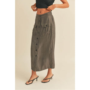 Suede Button-down Cargo Skirt olive side | MILK MONEY milkmoney.co | cute clothes for women. womens online clothing. trendy online clothing stores. womens casual clothing online. trendy clothes online. trendy women's clothing online. ladies online clothing stores. trendy women's clothing stores. cute female clothes.