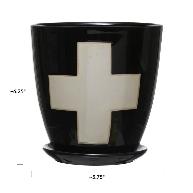 Swiss Cross Planter with Saucer black front | MILK MONEY milkmoney.co | 	Home decor online, Modern home decor, Luxury home furnishings, Best home decor, Home accessories for sale, Living room furniture sets, Kitchen decor ideas, Wall art for home, Bathroom accessories, Vintage home decor, Minimalist home decor
