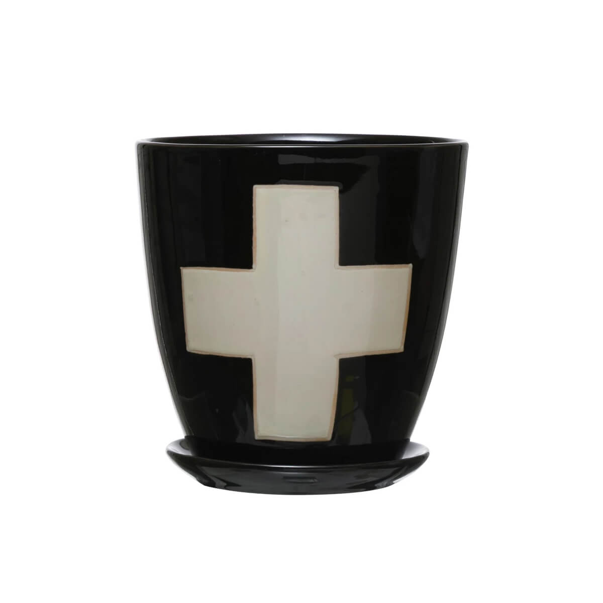 Swiss Cross Planter with Saucer black front | MILK MONEY milkmoney.co | 	Home decor online, Modern home decor, Luxury home furnishings, Best home decor, Home accessories for sale, Living room furniture sets, Kitchen decor ideas, Wall art for home, Bathroom accessories, Vintage home decor, Minimalist home decor
