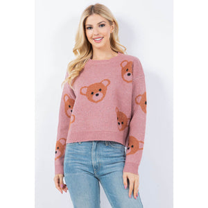 Teddy Bears Print Sweater dusty pink front | MILK MONEY milkmoney.co | cute clothes for women. womens online clothing. trendy online clothing stores. womens casual clothing online. trendy clothes online. trendy women's clothing online. ladies online clothing stores. trendy women's clothing stores. cute female clothes.