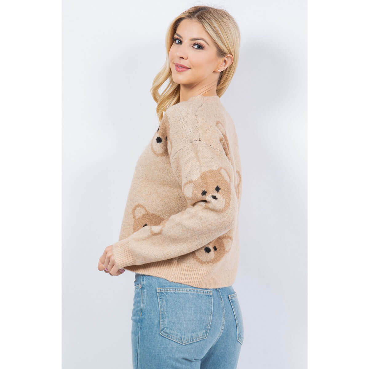 Teddy Bears Print Sweater taupe side | MILK MONEY milkmoney.co | cute clothes for women. womens online clothing. trendy online clothing stores. womens casual clothing online. trendy clothes online. trendy women's clothing online. ladies online clothing stores. trendy women's clothing stores. cute female clothes.