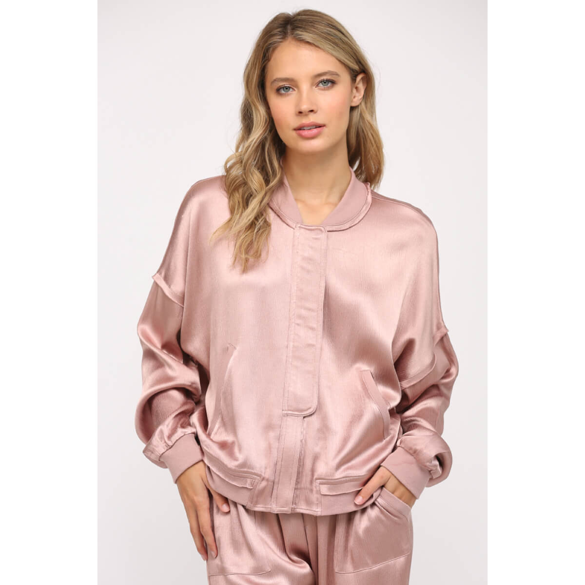 Textured Satin Summer Bomber Jacket pink front | MILK MONEY milkmoney.co | cute jackets for women. cute coats. cool jackets for women. stylish jackets for women. trendy jackets for women. trendy womens coats.