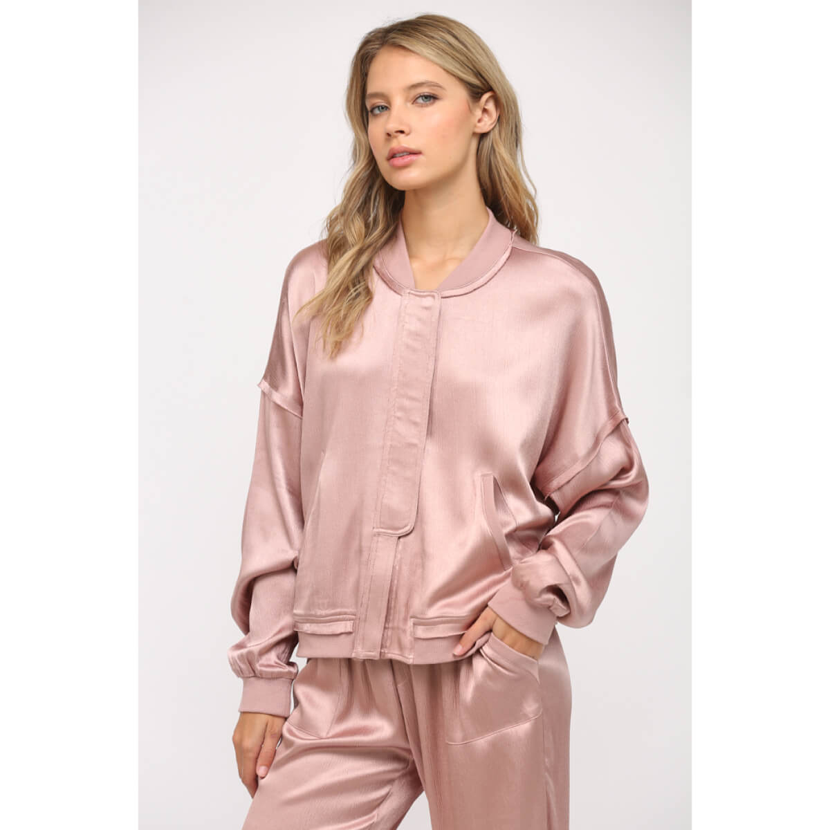 Textured Satin Summer Bomber Jacket pink front | MILK MONEY milkmoney.co | cute jackets for women. cute coats. cool jackets for women. stylish jackets for women. trendy jackets for women. trendy womens coats.