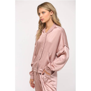 Textured Satin Summer Bomber Jacket pink side | MILK MONEY milkmoney.co | cute jackets for women. cute coats. cool jackets for women. stylish jackets for women. trendy jackets for women. trendy womens coats.