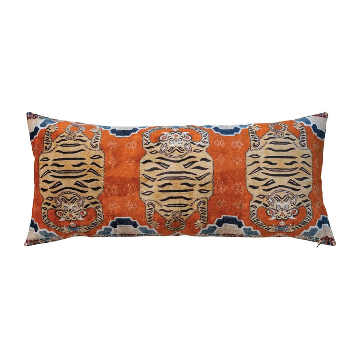 Tibetan Tiger Velvet Printed Lumbar Pillow orange front | MILK MONEY milkmoney.co | white elephant gift ideas, gift, mother's day gift ideas, white elephant gift, gift shops near me, cute home decor, mother's day gift, cute home accents, handmade in USA, elegant home decor
