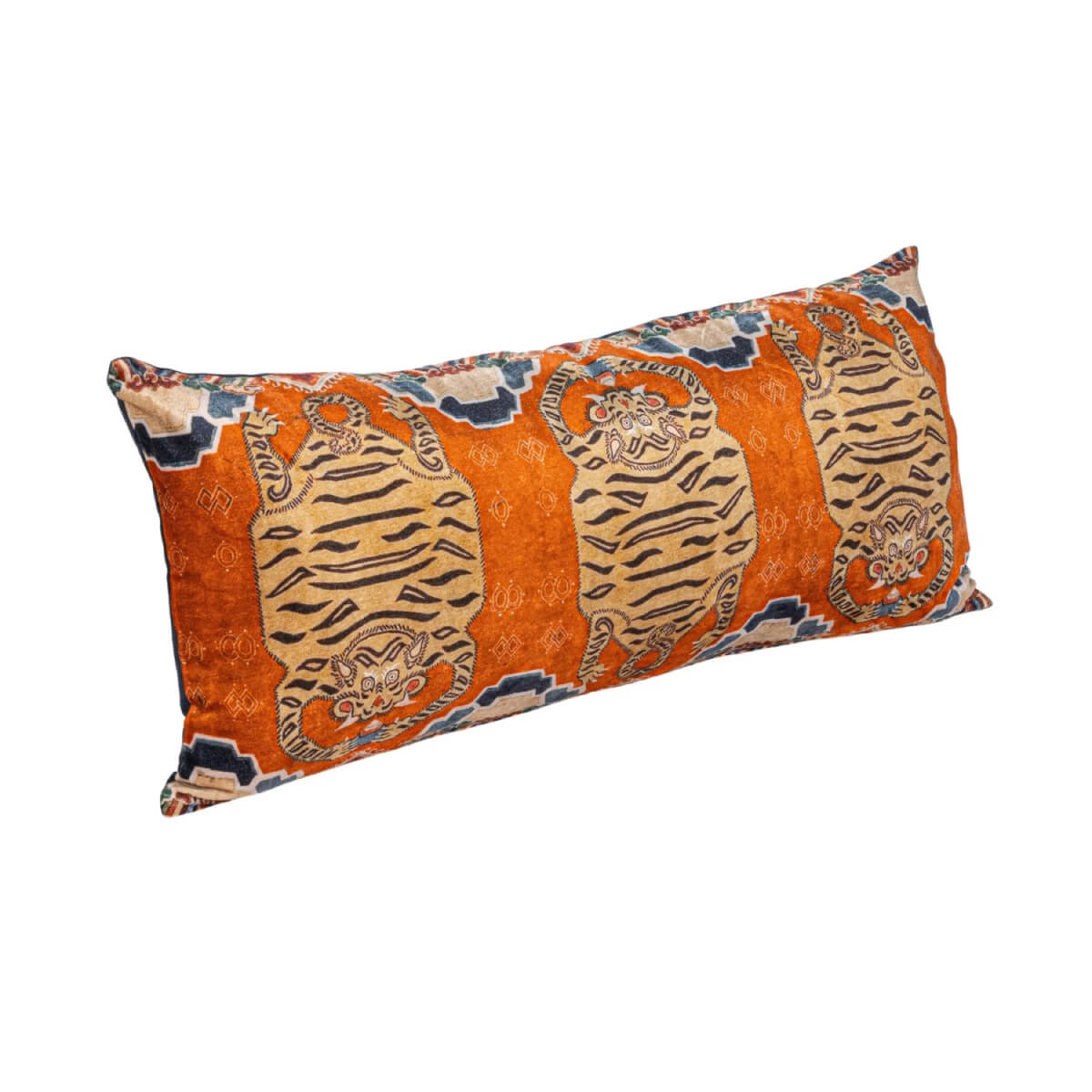 Tibetan Tiger Velvet Printed Lumbar Pillow orange front | MILK MONEY milkmoney.co | white elephant gift ideas, gift, mother's day gift ideas, white elephant gift, gift shops near me, cute home decor, mother's day gift, cute home accents, handmade in USA, elegant home decor
